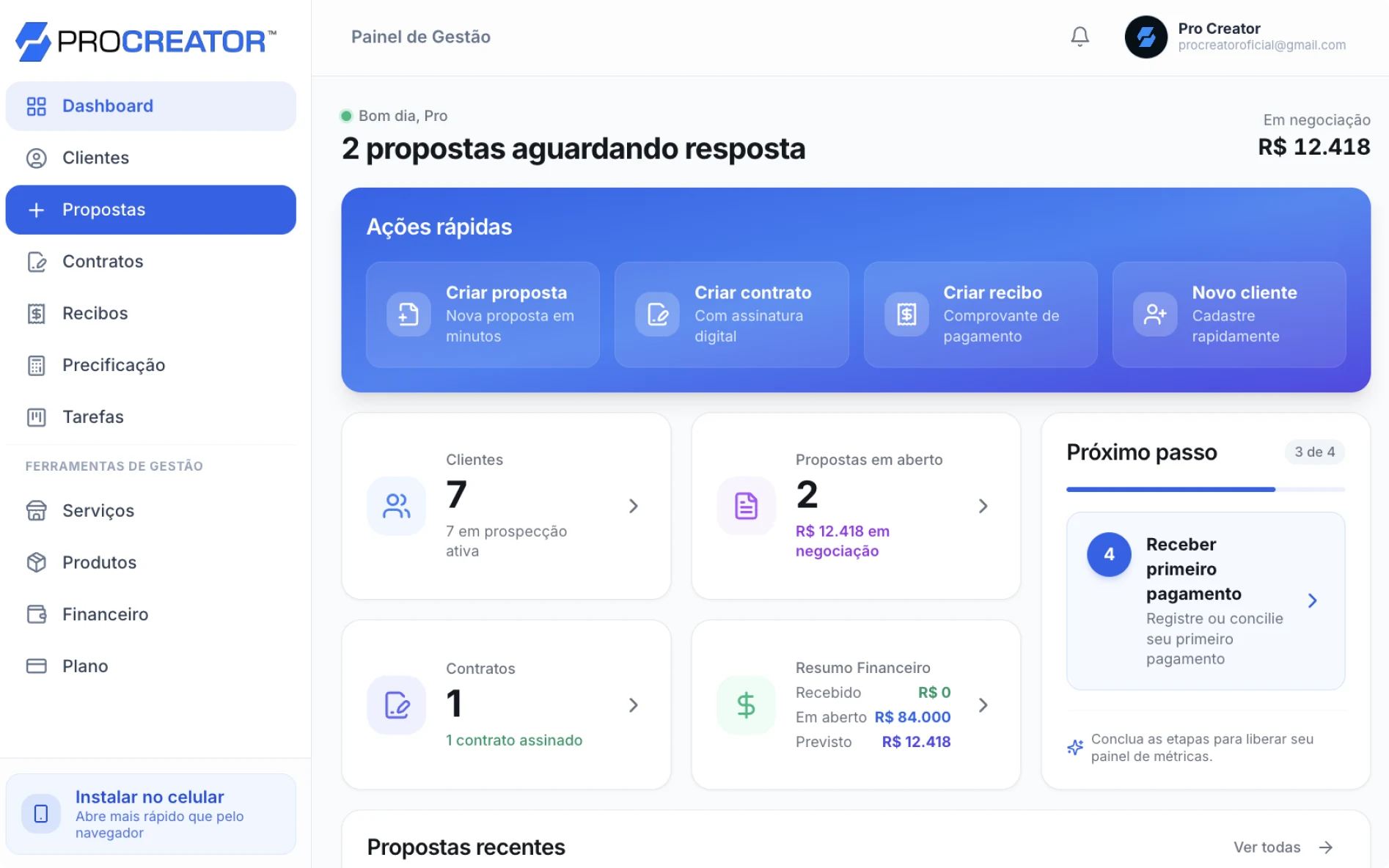 Painel de gestão do Pro Creator com propostas aguardando resposta